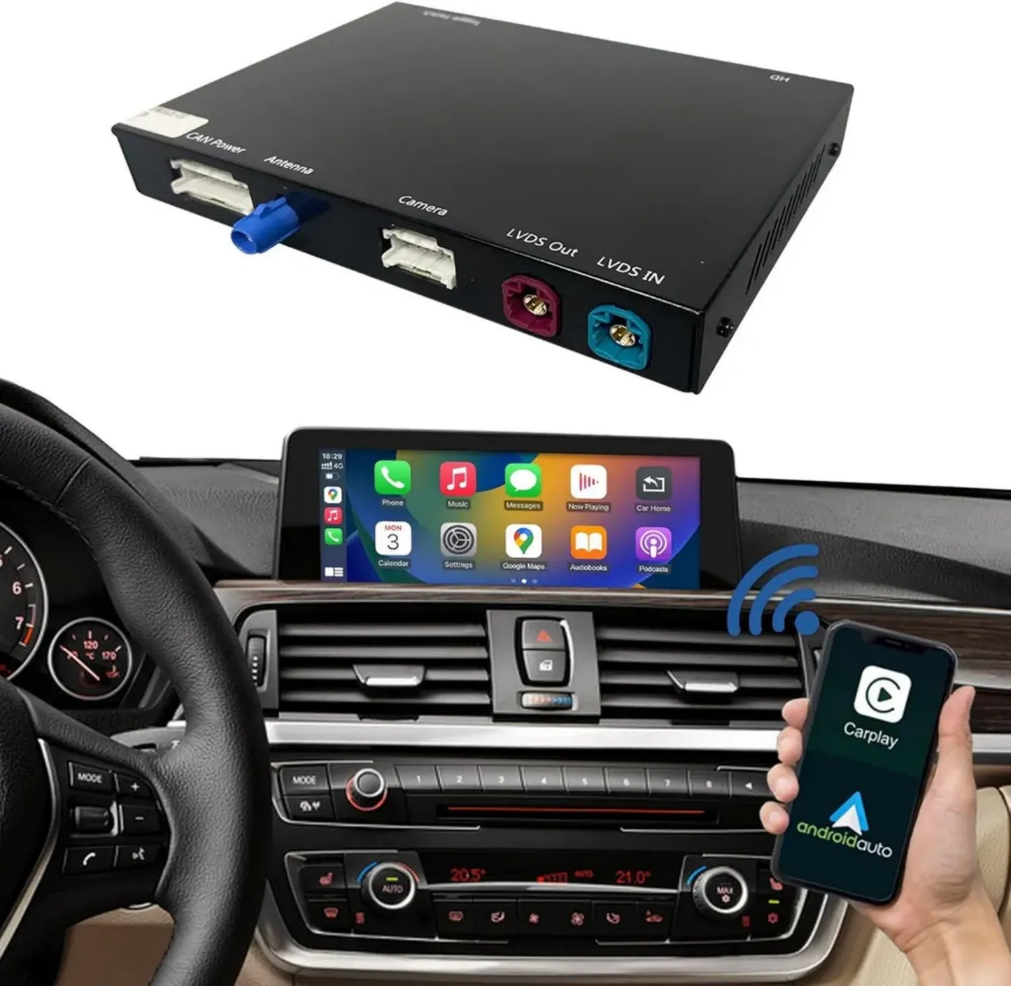 Système sans Fil CarPlay et Android Auto pour BMW Série 1 à 4 F20-F33 (2011-2015) avec NBT, Compatible Apple CarPlay et MirrorLink
