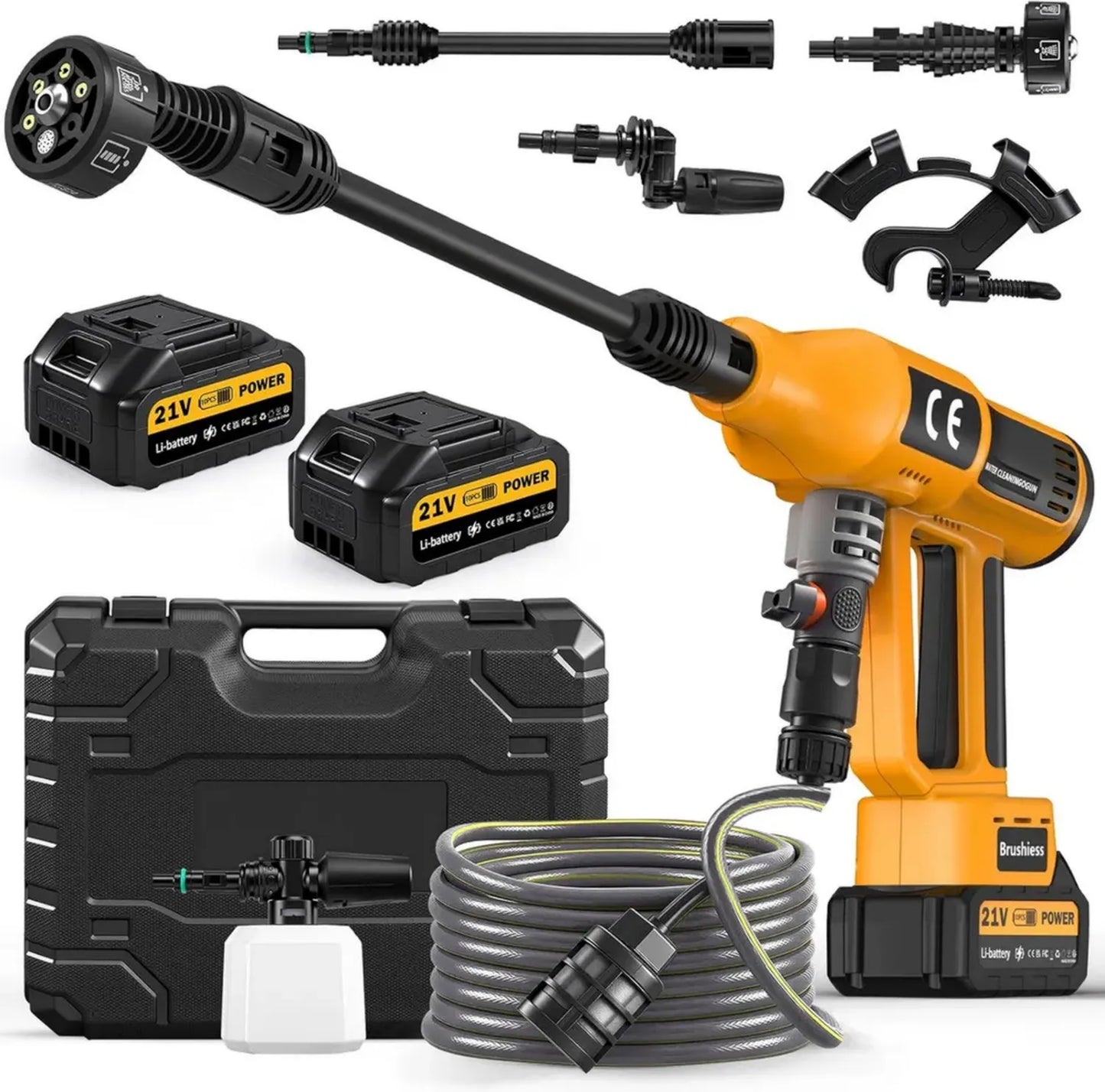 Laveur à haute pression sans fil 200 bars avec doubles batteries 4000 mAh et buse réglable 6 en 1, tuyau de 5 m