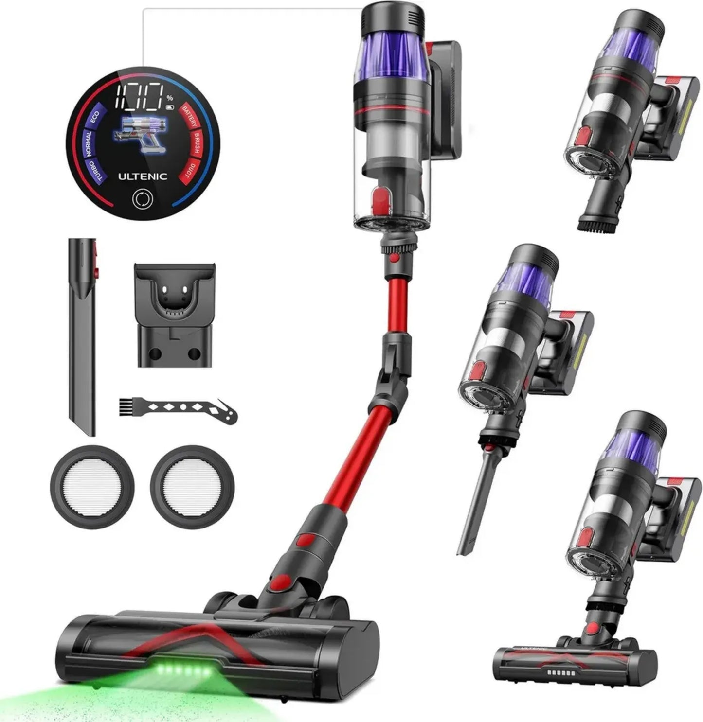 Ultenic U16 Aspirateur Balai sans Fil 50kPa, Autonomie 60min, Détection GreenEye, Tube Pliable, Brosse Anti-Emmêlement, Idéal pour Animaux, Tapis, Sols Durs et Voitures