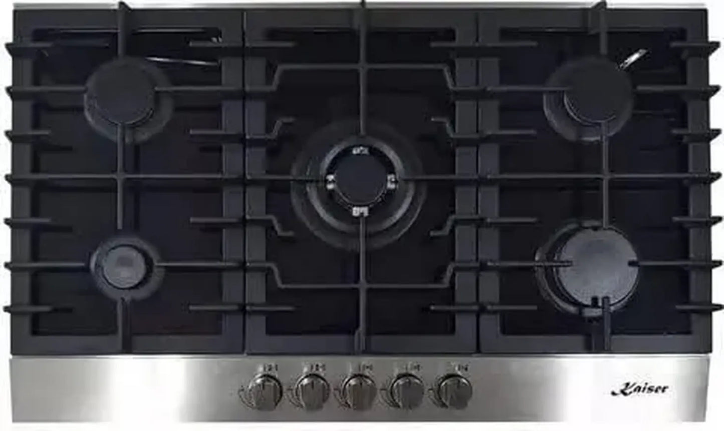 Plaque de Cuisson Gaz Kaiser 90 cm, Verre Noir, 5 Brûleurs avec Wok 3,8 kW