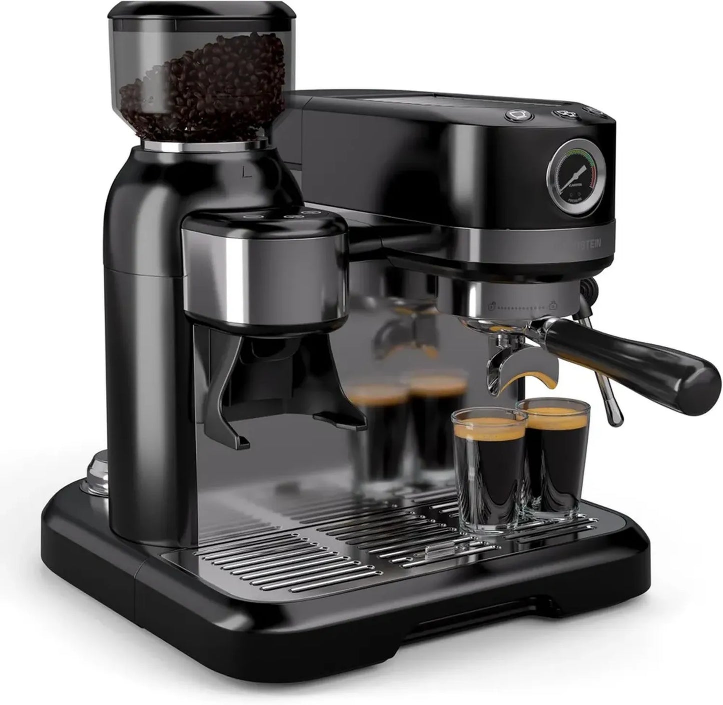 Machine à café en grains Klarstein Bella - 19 bars, 1550 W, broyeur intégré, mousseur à lait, capacité 1,4 L, acier inoxydable, noir