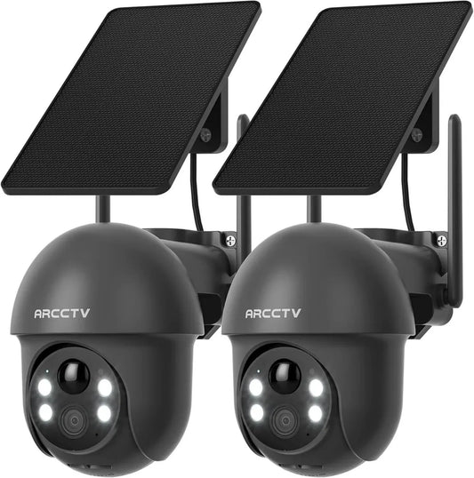 Caméra de Surveillance Solaire 4MP WiFi Extérieure, Double Bande 2.4+5GHz, 360° PTZ, Vision Nocturne en Couleur, Détection PIR, Audio Bidirectionnel, Compatible Alexa/IP65, Lot de 2 (Gris)