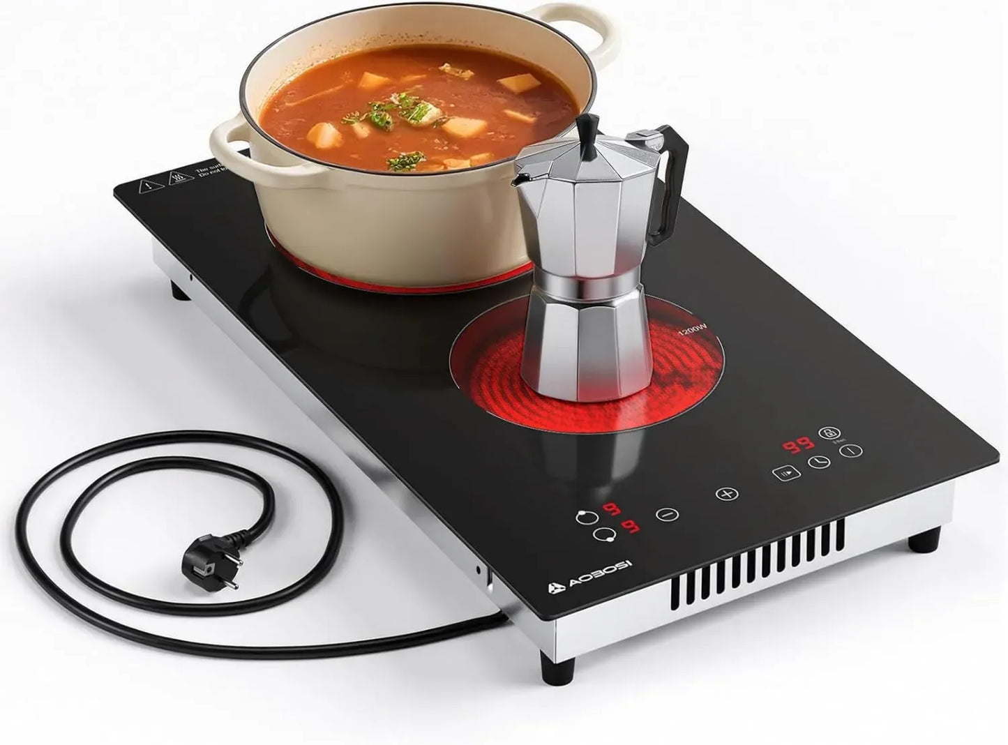 Plaque Vitrocéramique Aobosi Double Feux, 3000W, 9 Niveaux de Puissance, Commande Tactile, Sécurité Enfants, Minuteur 99 min