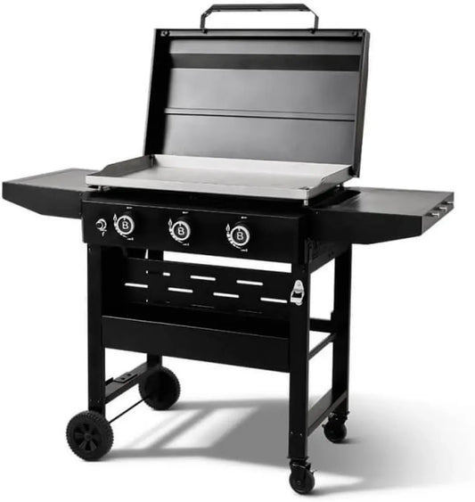Barbecue à gaz Brasero sur chariot – 3 brûleurs 12 kW – Plaque en acier inoxydable 69,5 x 44 cm – Pour 12 personnes – Tablettes pliables, roues et couvercle